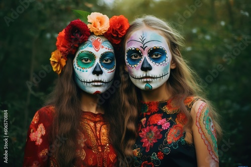 Two girls with sugar skulls make up and costume for Halloween. Generative AI