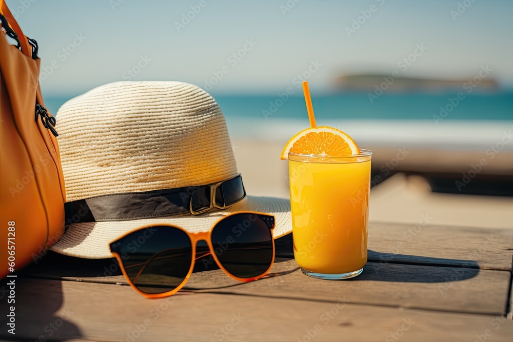 Summer vacation concept with orange juice, a hat, and sunglasses against a seaside setting. Generative AI Summer vacation concept with orange juice, a hat, and sunglasses against a seaside setting. Generative AI