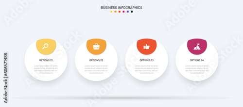 Timeline infographic with infochart. Modern presentation template with 4 spets for business process. Website template on white background for concept modern design. Horizontal layout.