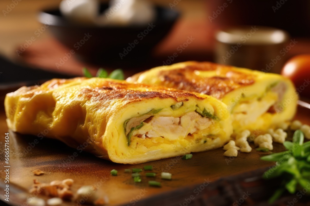 healthy breakfast with Tamagoyaki Japanese Rolled Omelettete Cinematic Editorial Food Photography
