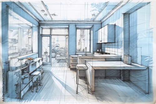 contemporary interior decor. A drawing of the apartment. Generative AI