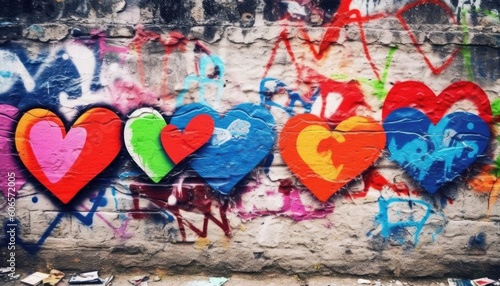 Hearts painted on wall represent love. (Generative AI)