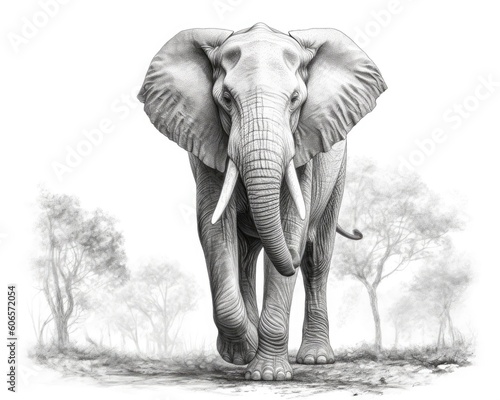 An elephant drawn realistically on the computer  isolated on white.  Generative AI 