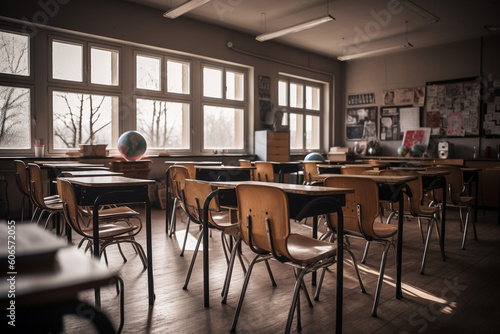 Classroom with wooden chairs vintage tone