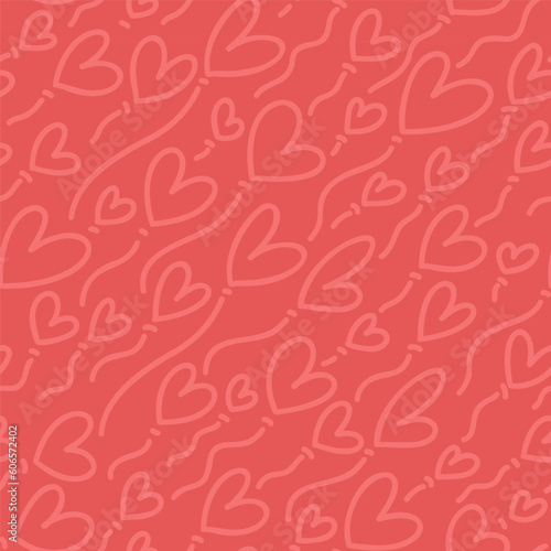 Seamless vector pattern with red linear hearts. Vector repeating texture with red colors outlined dynamic heart shapes. Repeatable romantic backdrop.