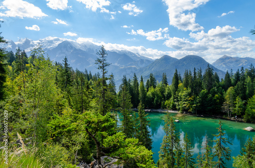 Beautiful blue and green lake with pines and Mont Blanc mountain photo