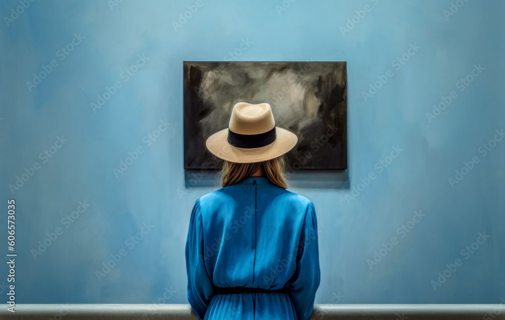 A Young  Elegant Woman Looks at a Work of Art by an Unknown Master in a Museum of Modern Art Digital Art Illustration Generative AI Wallpaper Background