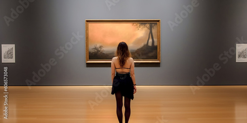A Young Elegant Woman Looks at a Work of Art by an Unknown Master in a Museum of Modern Art Digital Art Illustration Generative AI Wallpaper Background