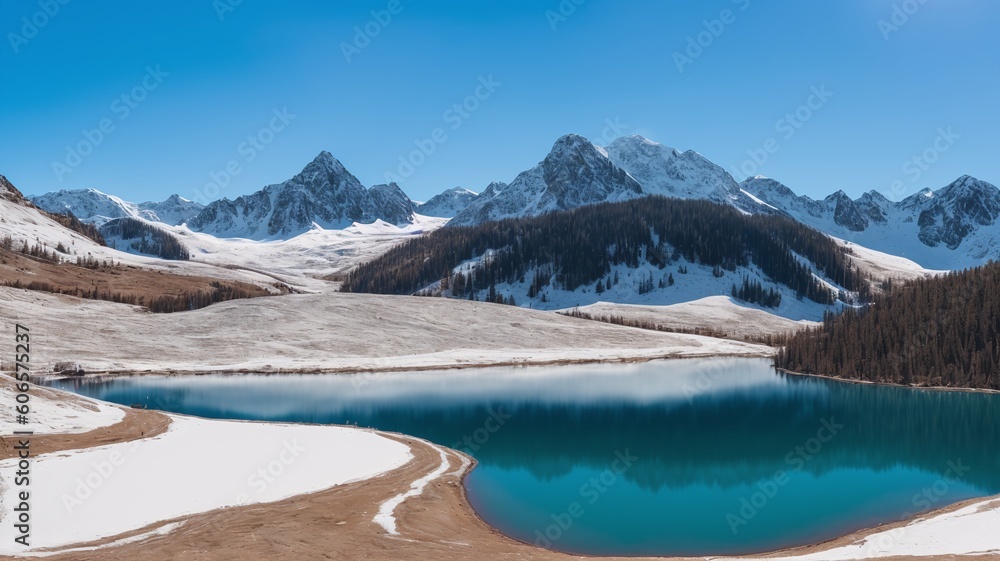 Naklejka premium A Depiction Of A Vividly Emotive View Of A Mountain Lake