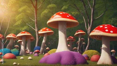A Majesticly Colored Mushrooms Are Growing In A Forest Of Trees photo