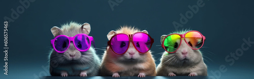 Generative Ai image of gerbils or hamsters wearing colorful sunglasses photo