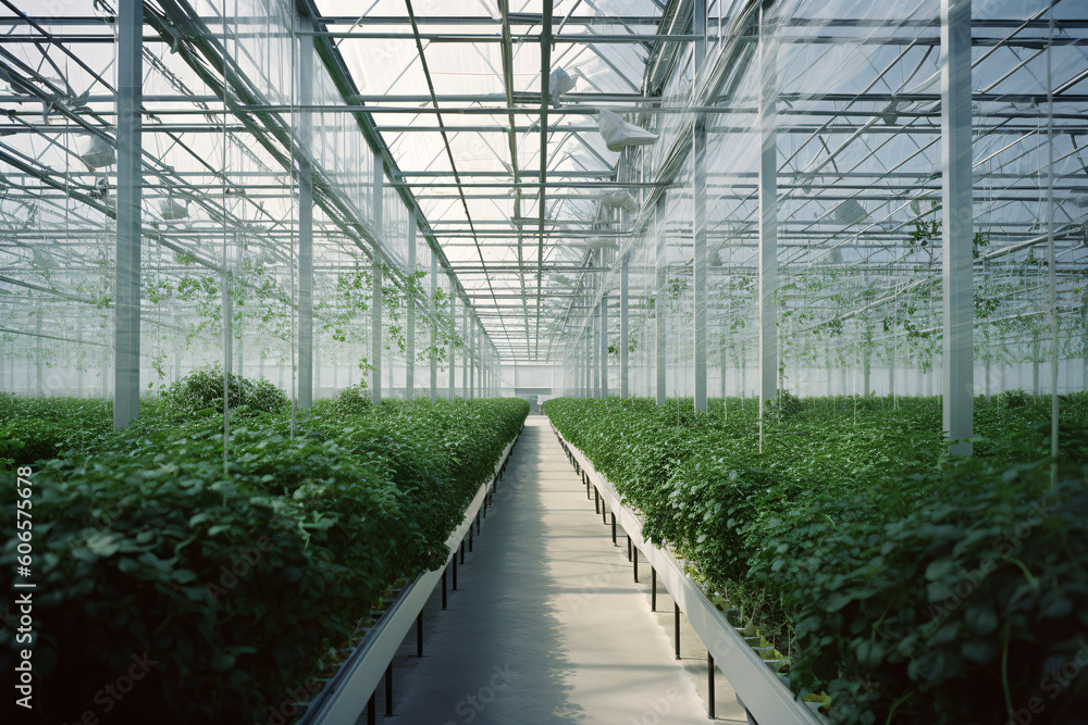 Modern Intelligent Glass Greenhouse for Agriculture. Generative AI Modern Intelligent Glass Greenhouse for Agriculture. Generative AI