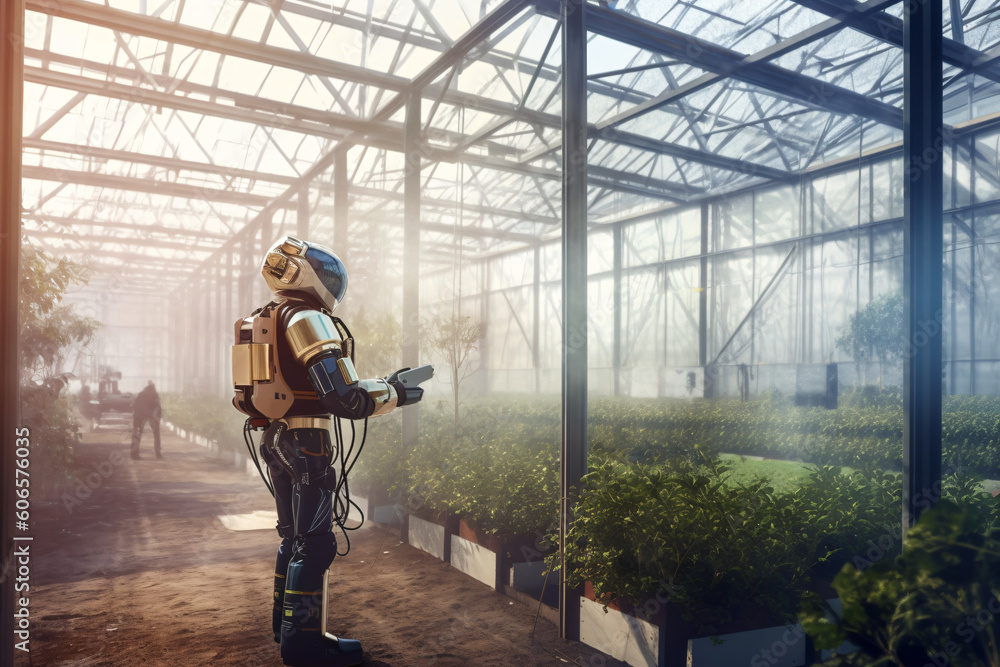 Modern greenhouse equipped with modern technologies and in which robots work Generative AI Modern greenhouse equipped with modern technologies and in which robots work Generative AI