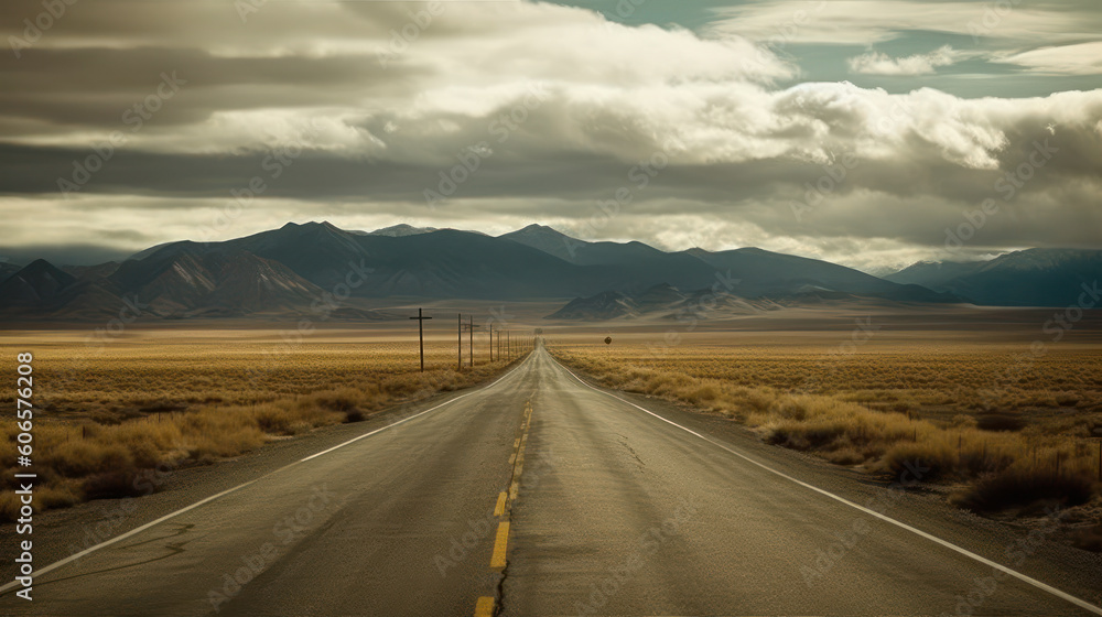 Solitary Passage: A Desolate Road Cutting Through an Unforgiving Landscape. Generative AI