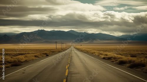 Solitary Passage: A Desolate Road Cutting Through an Unforgiving Landscape. Generative AI © Sascha