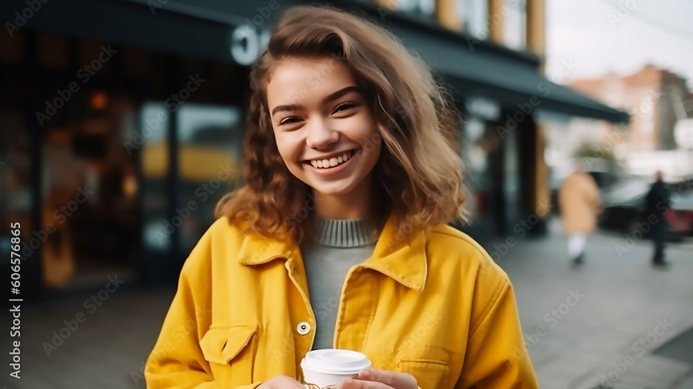 Obraz premium happy young woman wearing bright yellow sweatshirt, holding coffee, generative ai tools 