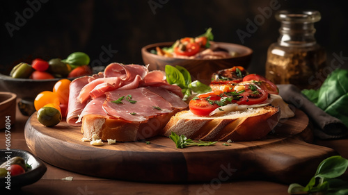  Cold smoked meat plate with sliced ham, prosciutto, and bacon, with fresh vegetables and herbs, generative ai tools 