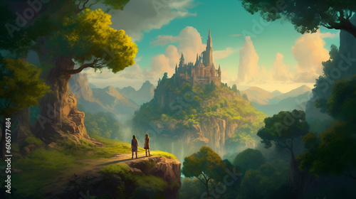 A man and a woman stand at a cliff's edge looking at a magnificent castle on a mountain in the distance, Generative AI © Pillow Productions