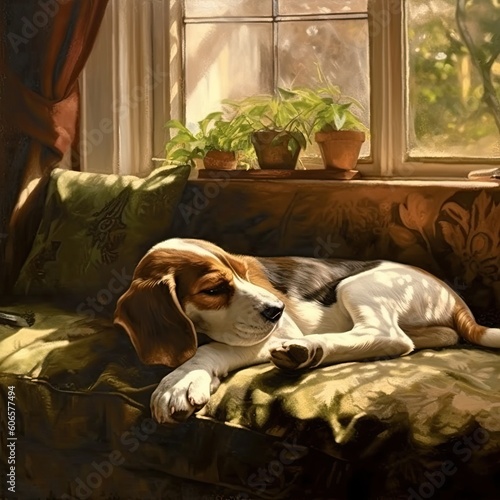 the beagle sleeping on the window Generative Ai