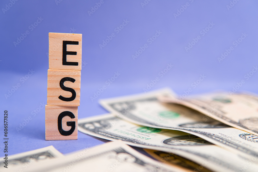 The inscription ESG or Environmental, Social and Corporate Governance next to US dollars The inscription ESG or Environmental, Social and Corporate Governance next to US dollars