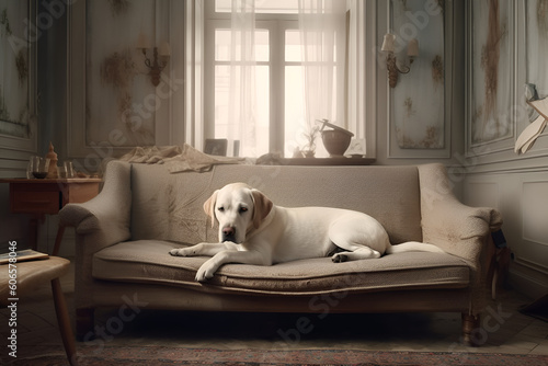 A dog is laying on a couch in front of a window.