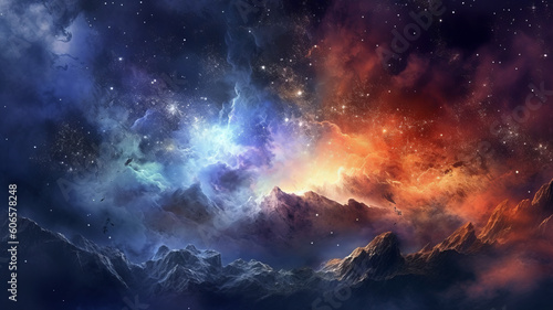 Beautiful Fiery Nebula, Fantasy Sky Imagery, Vibrant Nebula Clouds And Stars