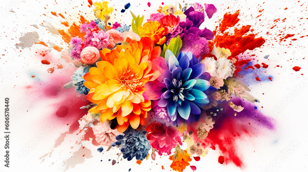 colorful flower explosion on white background, created. Generative AI
