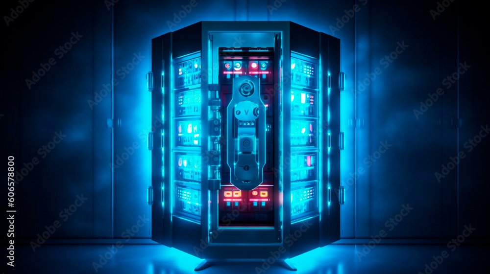 Cyber security concept and digital data protection with a locker in a blue background created with. Generative AI