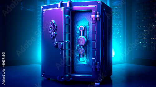 Cyber security concept and digital data protection with a locker in a blue background created with. Generative AI