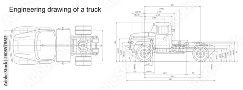 Vector engineering drawing of a truck with dimensional lines and numerical values of vehicle dimensions. Cad scheme. Mechanical background. Design documentation.