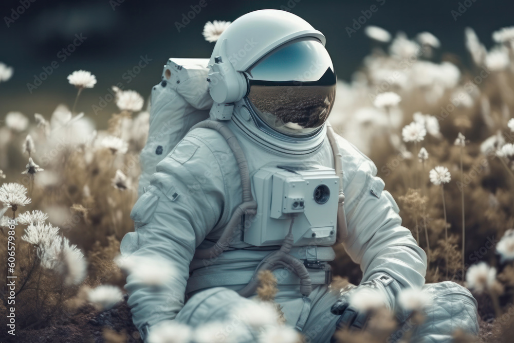 Amidst a sea of vibrant flowers, a butterfly flutters near an astronaut in a space suit exploring an unknown planet. AI Generative. Amidst a sea of vibrant flowers, a butterfly flutters near an astronaut in a space suit exploring an unknown planet. AI Generative.
