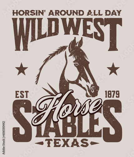 Wild West, Horse Stables. Artwork design, illustration for t shirt design, printing, poster, wild west style, American Western.