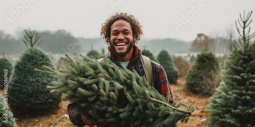 Young smiling man wearing red checkered shirt holding christmas tree in greenhouse. Generative AI.