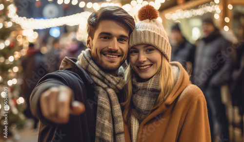 Portrait of couple on street with christmas lights smiling looking at camera. Generative AI.