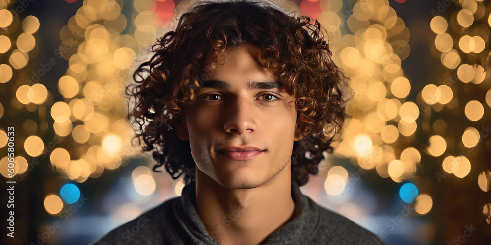 Close-up portrait of young man with curly hair in night with bokeh lights. Close-up portrait of young man with curly hair in night with bokeh lights.