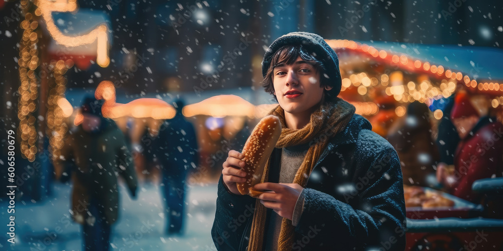 Young man eating street food at Christmas market. Snowy weather.