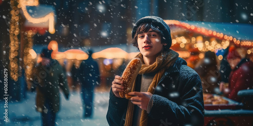 Young man eating street food at Christmas market. Snowy weather.