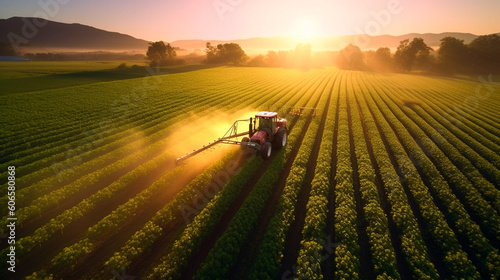 Aerial View of Tractor Spraying Pesticides on Green Soybean Plantation at Sunset - Drone View. Generative AI