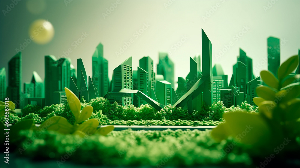 Green leaf image in the paper art style with trees, city building silhouettes, windmills, and solar panels. the conservation of ecology. Generative AI