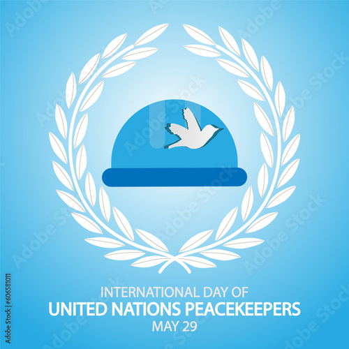 United nations Peacekeepers International Day of laurel wreath and helmet, vector art illustration.