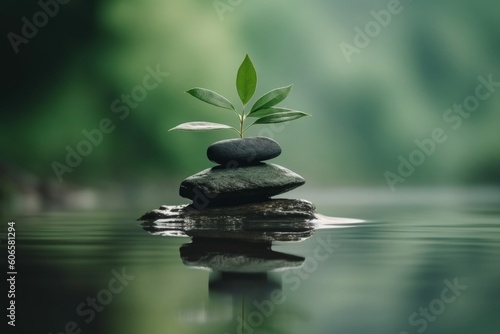 Green leaf on zen stones pyramid on water surface  Generative ai