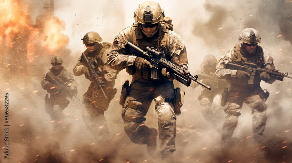 Modern warfare soldiers moving forward. Generative AI Modern warfare soldiers moving forward. Generative AI