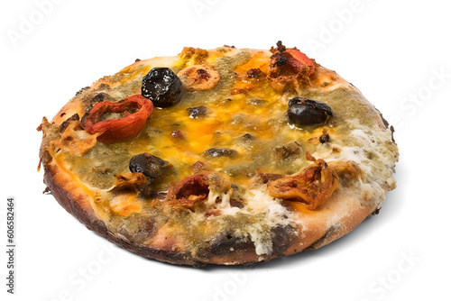 unhealty rotten moldy pizza, isolated background. Generative Ai photo