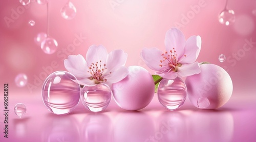 Beauty product advertising background  cosmetic skincare and makeup products background  pink ball glass ball advertising background  AI generated