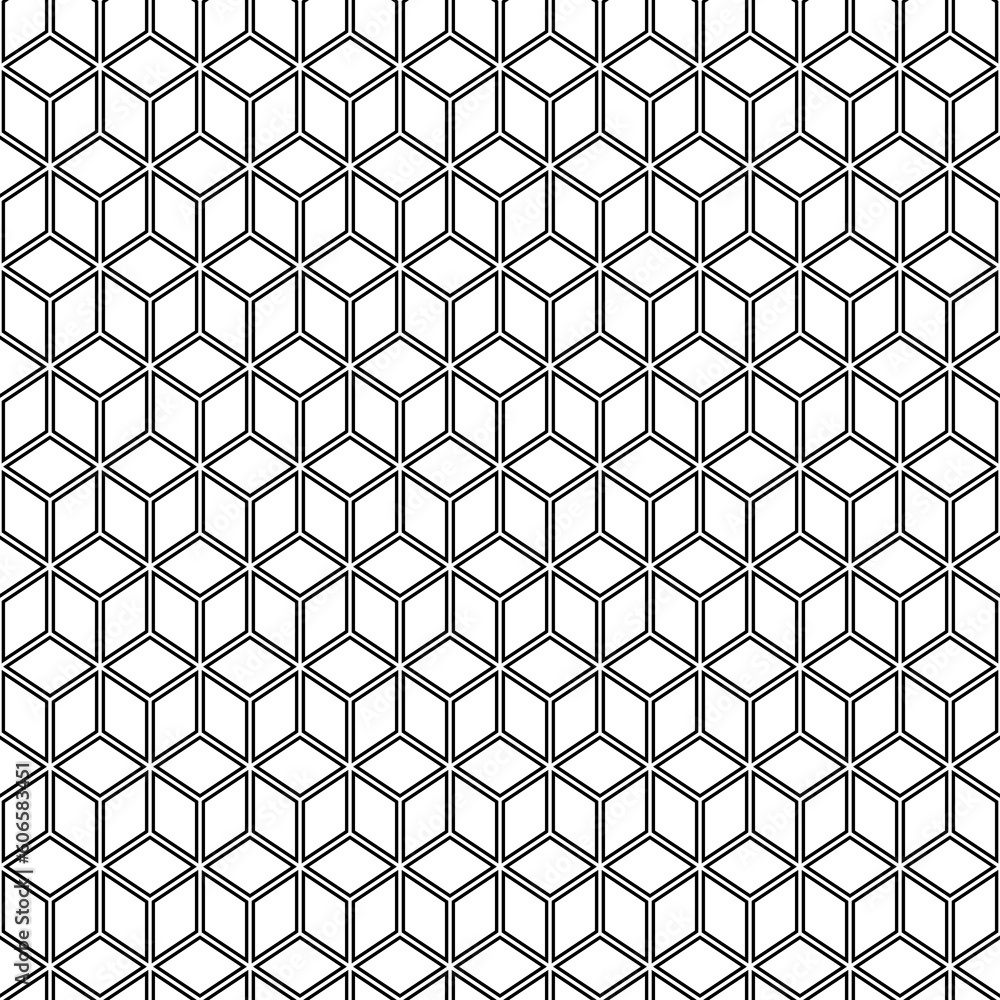 Repeated white cubes with black edges background. Geometric shapes wallpaper. Seamless surface pattern design with polygons. Cubic motif. Digital paper with dices, web designing, textile print. Repeated white cubes with black edges background. Geometric shapes wallpaper. Seamless surface pattern design with polygons. Cubic motif. Digital paper with dices, web designing, textile print.