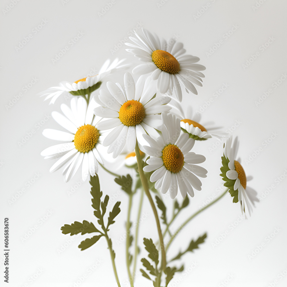 Obraz premium Bouquet of daisy daisies chamomile plant with leaves isolated on white background. 3D rendering. Flat lay, top view. macro closeup 