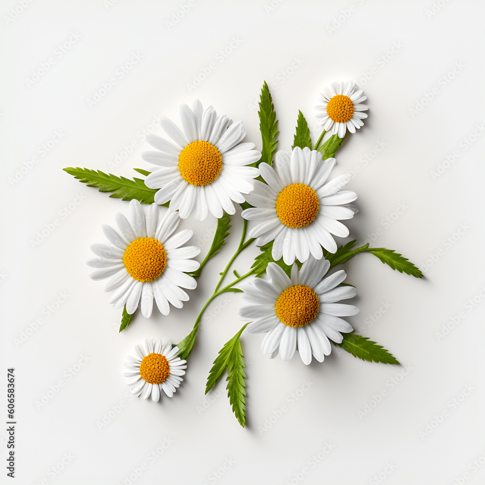 Obraz premium Bouquet of daisy daisies chamomile plant with leaves isolated on white background. Flat lay, top view. macro closeup 