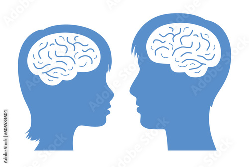 Woman and man heads with brain illustration