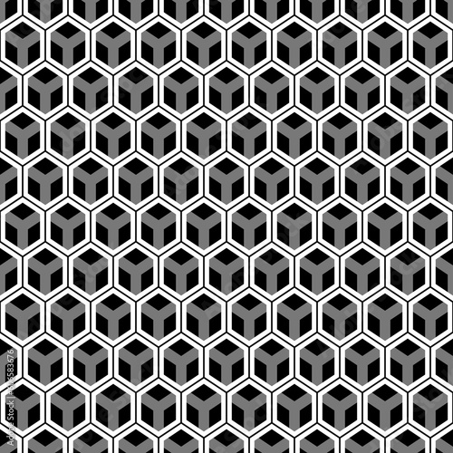 Repeated color polygons tessellation on white background. Seamless surface pattern design with regular hexagons. Hexagonal grid motif. Honeycomb wallpaper. Digital paper for web designing.
