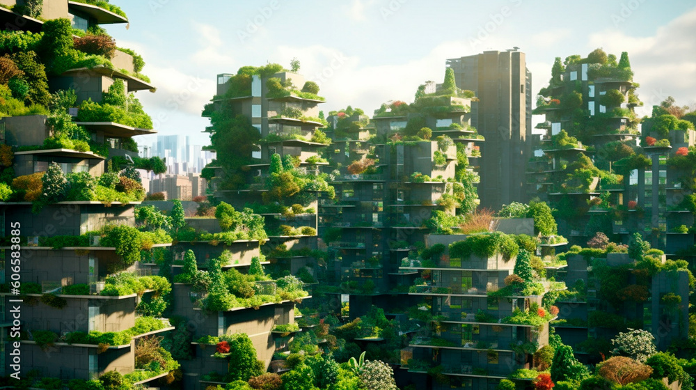 Splendid environmental awareness city with vertical forest concept of metropolis covered with green plants. Generative AI